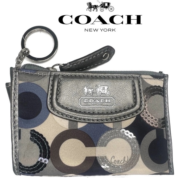 Coach Madison ID Skinny Wallet Keychain 47250 Optic C Sequin Gray Blue Fabric - Picture 1 of 9
